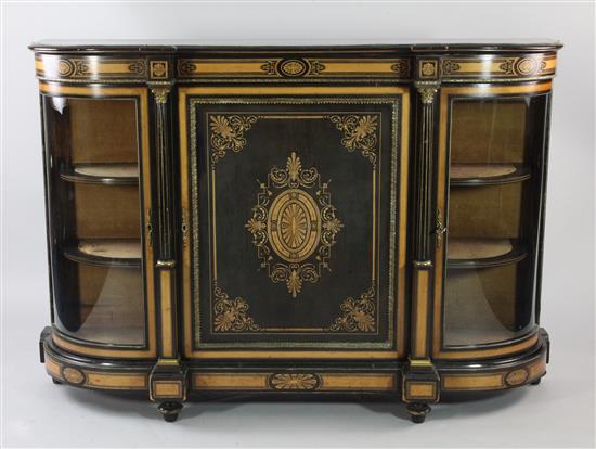 A Victorian ebonised and satinwood banded credenza, W.5ft 1in.